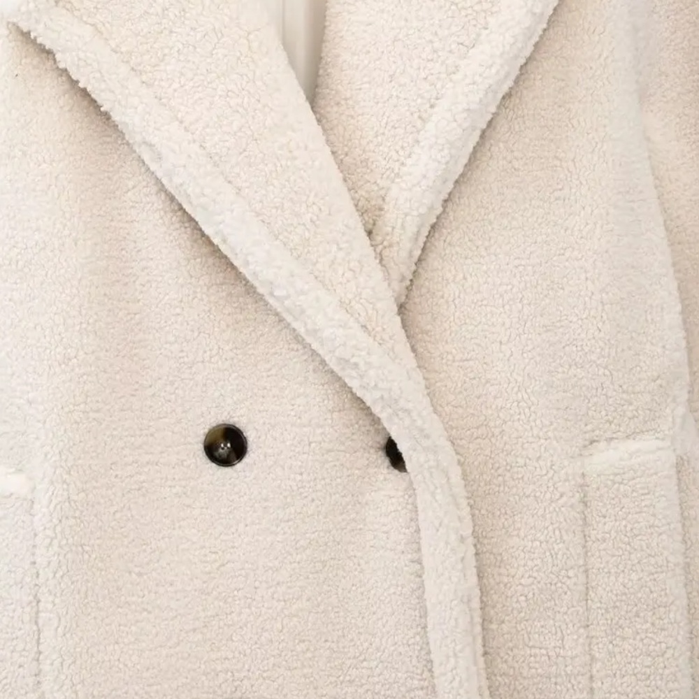 Teddy Long Coat in Cream - Women's Double-Breasted Teddy Jacket - Picture 6 of 12